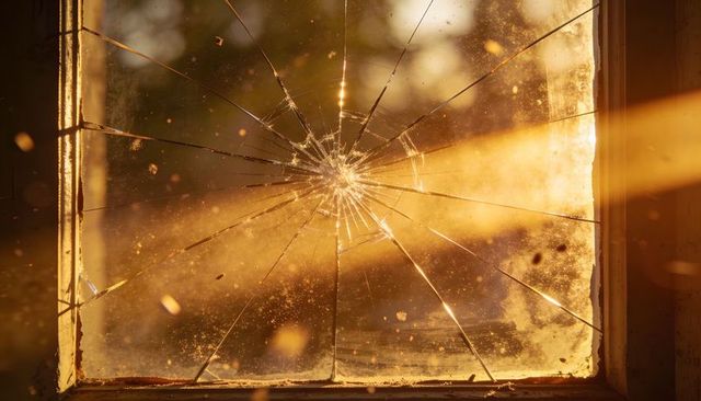 Golden-hour cracked window with radial impact and dust motes on wooden sill