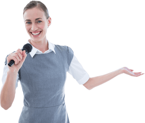 Transparent Portrait of Smiling Businesswoman Holding Microphone