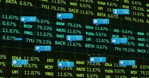Futuristic finance analytics with social media metrics overlay
