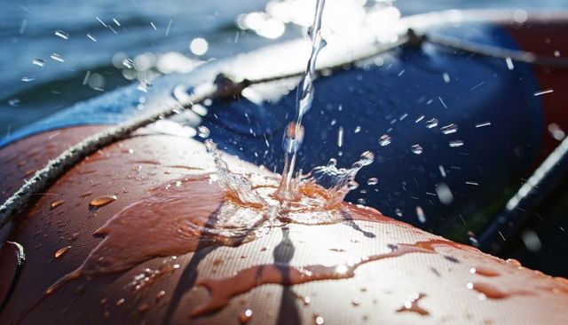 Orange inflatable tube getting splashed by narrow water stream, backlit droplets and bokeh