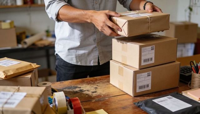 Stacking and Preparing Small Business Shipments on Rustic Workbench with Labeled Boxes