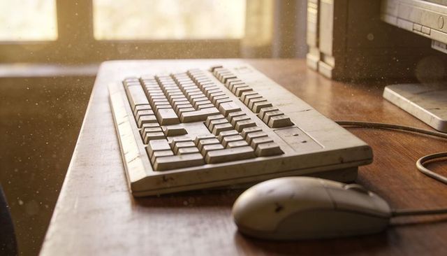 Worn beige wired keyboard resting on sunlit wooden desk with dusty mouse and dust motes