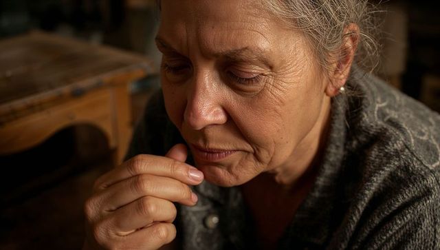 Contemplative senior woman closeup hand near mouth warm indoor light thoughtful portrait