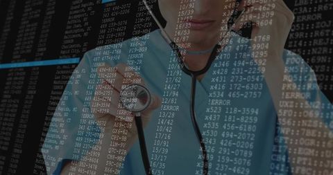 Doctor holding stethoscope amidst digital error codes