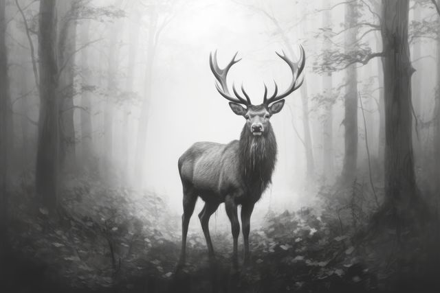 Black and white portrait of deer in misty forest, copy space, created using generative ai technology. Nature, wildlife, mystery and tranquility concept digitally generated image.