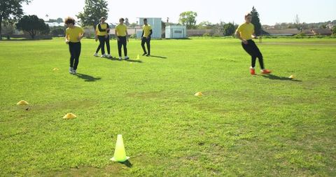 Soccer Training Teammates Practicing Dribbling Drills