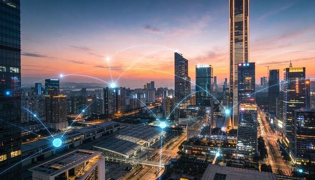 Smart city network glowing at dusk over urban cbd with rail hub, skyscraper and data nodes