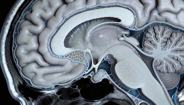 Sagittal brain cross-section showing cortex, corpus callosum, ventricles, cerebellum detail