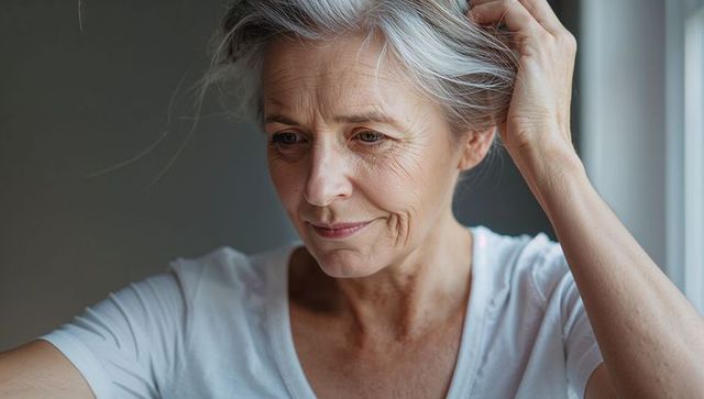 Silver-haired woman tucking hair while gazing thoughtfully by window in soft natural light