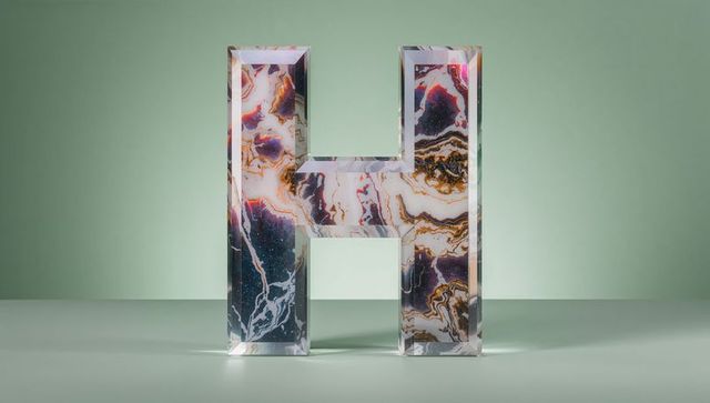 Transparent letter h with galaxy patterns on green surface