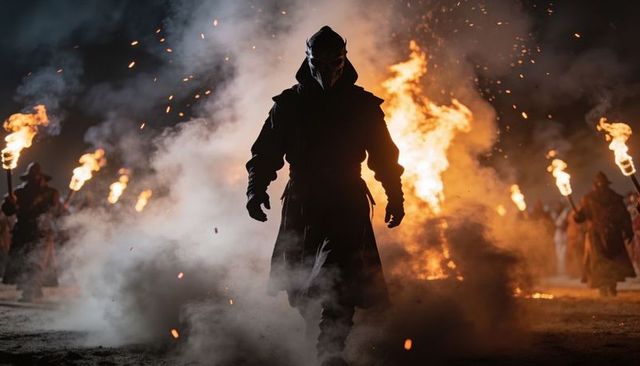 Masked hooded figure walking through fiery night procession with torches, smoke and embers