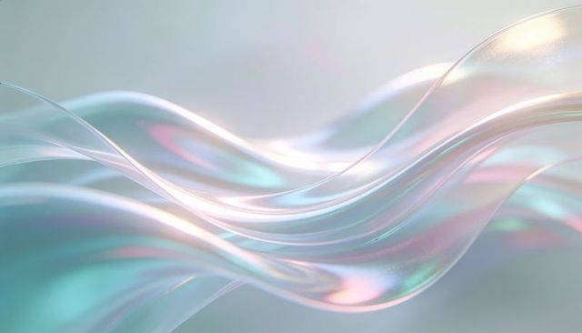 Iridescent pearlescent waves flowing translucent ribbons abstract liquid glow background