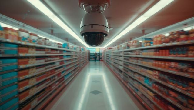Modern surveillance camera inside grocery store aisle
