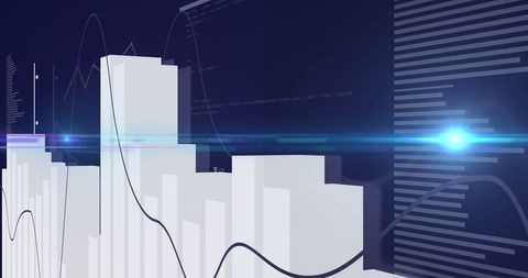 Abstract representation of financial data and statistics communicated through digital interface elements against a blue background. Includes bar graphs and wave patterns suggesting growth trends and economic analysis. Suitable for illustrating articles on finance, business analytics, global economic trends, digital transformations in finance, or stock market reports.