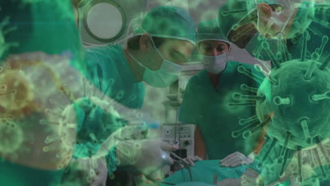 Surgeons in Operation with Visualized Viruses Around Them