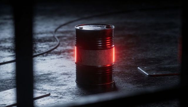 Steel Barrel Emitting Red Glow on Scuffed Concrete Floor in Industrial Space with Cable