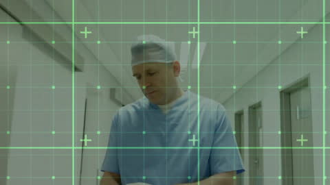 Surgeon Analyzing Data in Hospital Hall with Digital Overlay