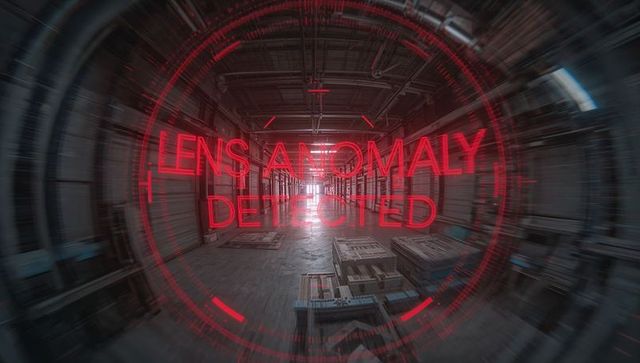 Red hud alert projecting lens anomaly detected over industrial warehouse aisle