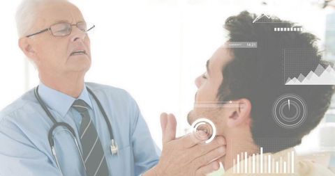 Senior physician palpating patient neck with augmented reality medical data overlays