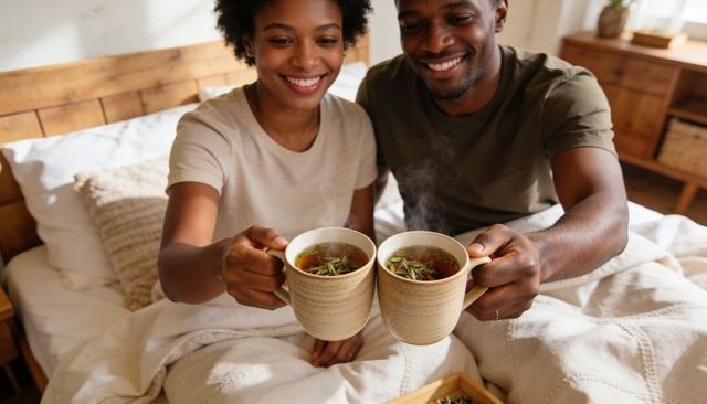 Couple clinking rosemary herbal tea mugs in sunlit cozy morning in bed