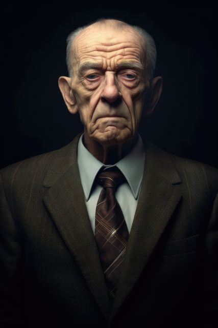 Portrait of pensive old man on black background, created using generative ai technology. Portraiture, old age and facial expressions concept digitally generated image.
