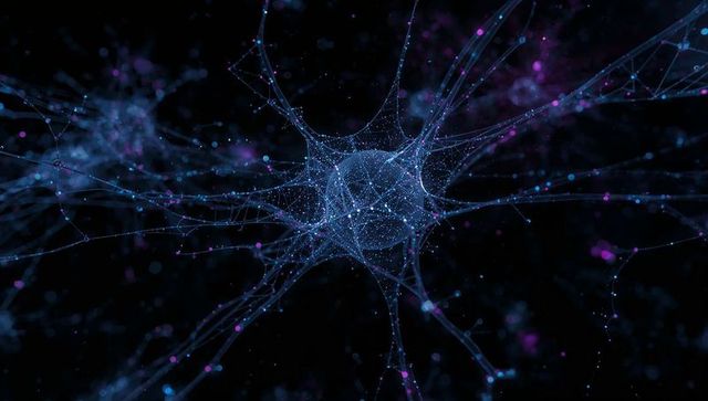 Pulsing spherical neural node emitting glowing filaments and data points for ai and futurism