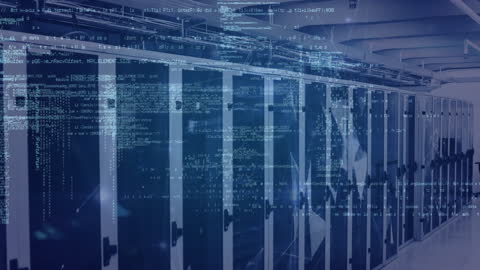 Futuristic Data Center Digital Animation with Code Overlay