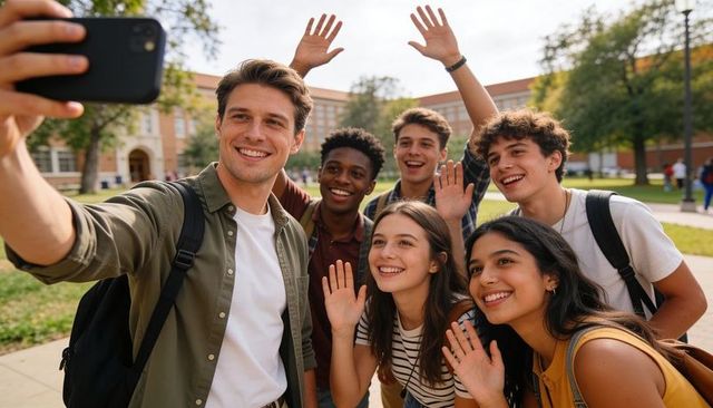 Smiling university students taking selfie on campus lawn with backpacks and friends
