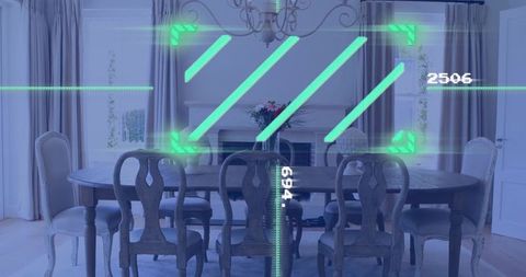 Displaying wooden dining table with six carved chairs and hud overlay in sunlit room
