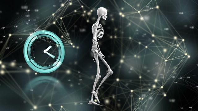 Abstract composition with a human skeleton set against a backdrop of interconnected digital lines and points, symbolizing modern technology and creativity. A transparent clock adds an element of time, making it suitable for concepts related to time management, human anatomy, and digital innovation. Ideal for use in technology presentations, scientific research visuals, or imaginative web design assets.