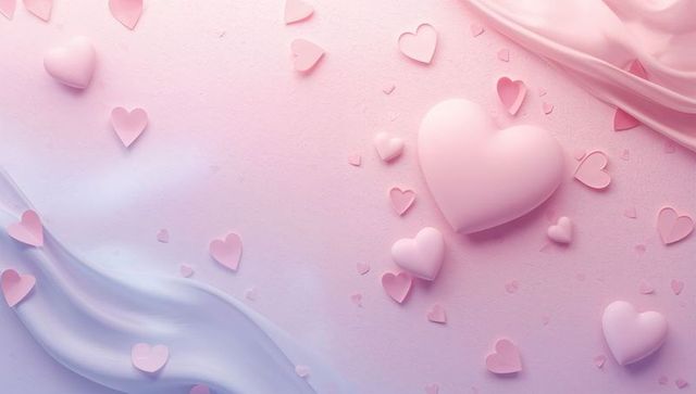 Pastel pink hearts floating on silk drapes romantic background with copy space