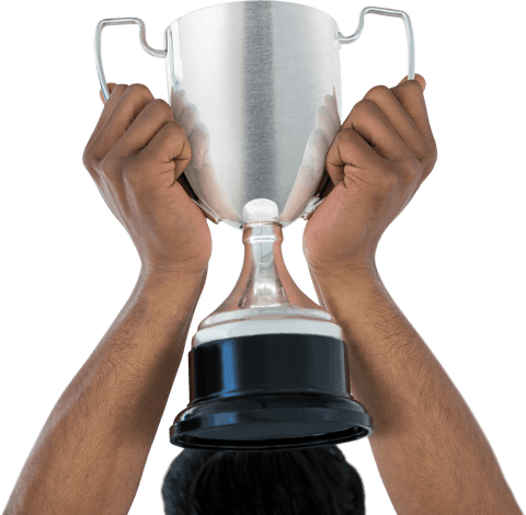 Business victory: transparent hands holding trophy in celebration