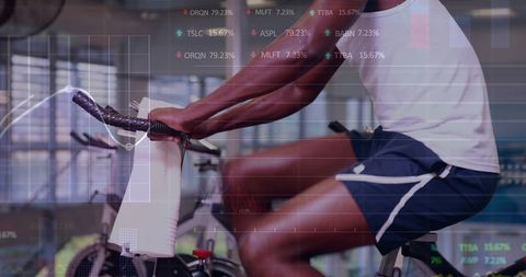 Financial Data Over African American Man Exercising in Gym