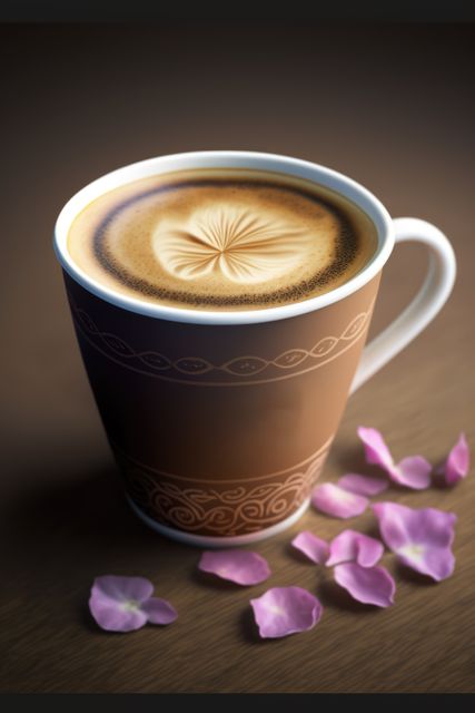 An aesthetically pleasing cup of coffee with intricate latte art on top sits on a wooden table. Rose petals surround the cup, adding an elegant touch. Perfect for use in advertising cafe beverages, morning routines, relaxation content, or food and drink blogs.