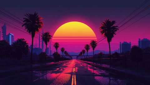 Banded sun casting neon glow over palm-lined boulevard with wet road reflections