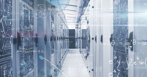 Futuristic data center with overlaid mathematical formulas