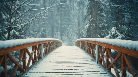 Gently Gliding Over Snowy Footbridge in Winter Forest