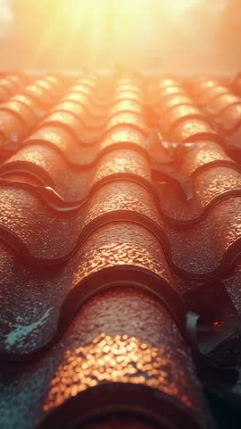 Sun rising over wet terracotta roof tiles reflecting golden light and dew - vertical video