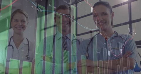 Medical Professionals Surrounded by Financial Growth Analytics