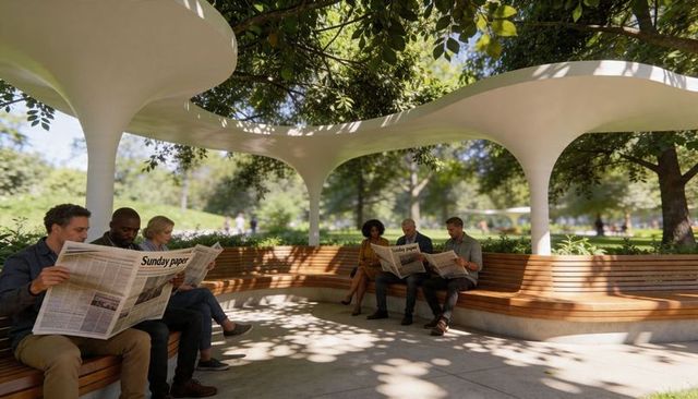 Group reading newspapers on curved wooden bench under modern park canopy