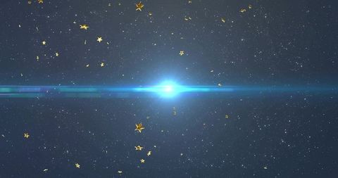 Blue Stellar Flare with Golden Star Confetti Casting Horizontal Lens Glow Across Space Backdrop
