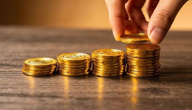 Adult hand stacking gold coins into increasing stacks on dark wood tabletop for investment