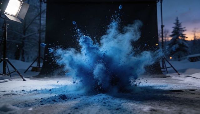 Exploding Blue Powder Cloud Over Snow at Dusk with Studio Lights and Black Backdrop