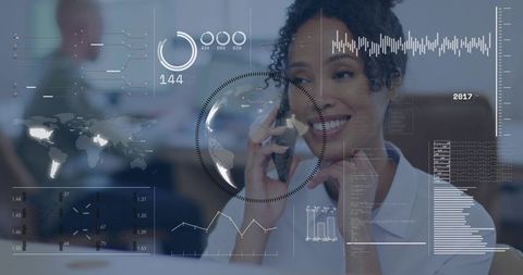 Hispanic businesswoman smiling while talking on phone with digital analytics overlays