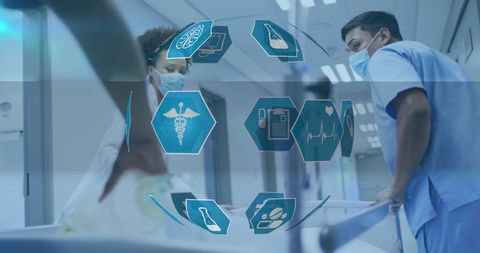 Healthcare Team in Motion with Spinning Medical Icons Overlay