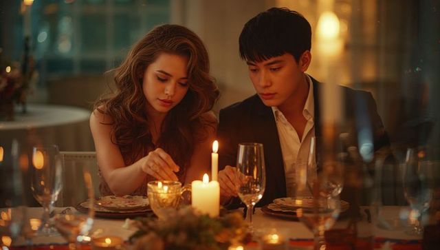 Elegant couple creating romantic ambiance with candlelight at dinner