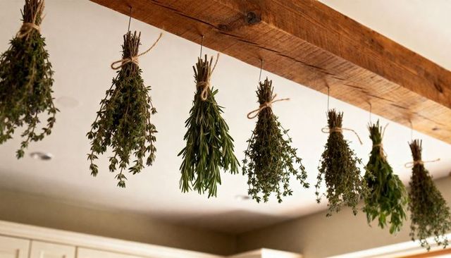 Hanging herb bundles drying on rustic wooden beam rosemary thyme sage kitchen decor