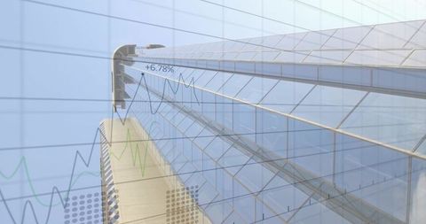 Glass skyscraper reflecting urban skyline while overlaying rising financial charts showing +6.78%