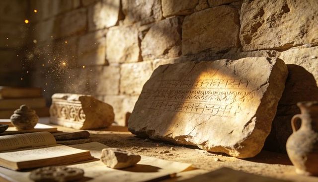 Carved stone slab catching sunlight with ancient script and floral band on workbench and manuscripts
