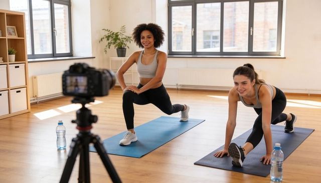 Two women filming home workout session on yoga mats with dslr camera on tripod